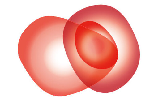 Die Abbildung zeigt mehrere überlappende, rote und orangefarbene Formen, die weiche Übergänge aufweisen. Die Formen erzeugen ein Gefühl von Bewegung und Dynamik, wobei der zentrale Bereich heller erscheint. Das Gesamtbild vermittelt eine harmonische und fließende Ästhetik.