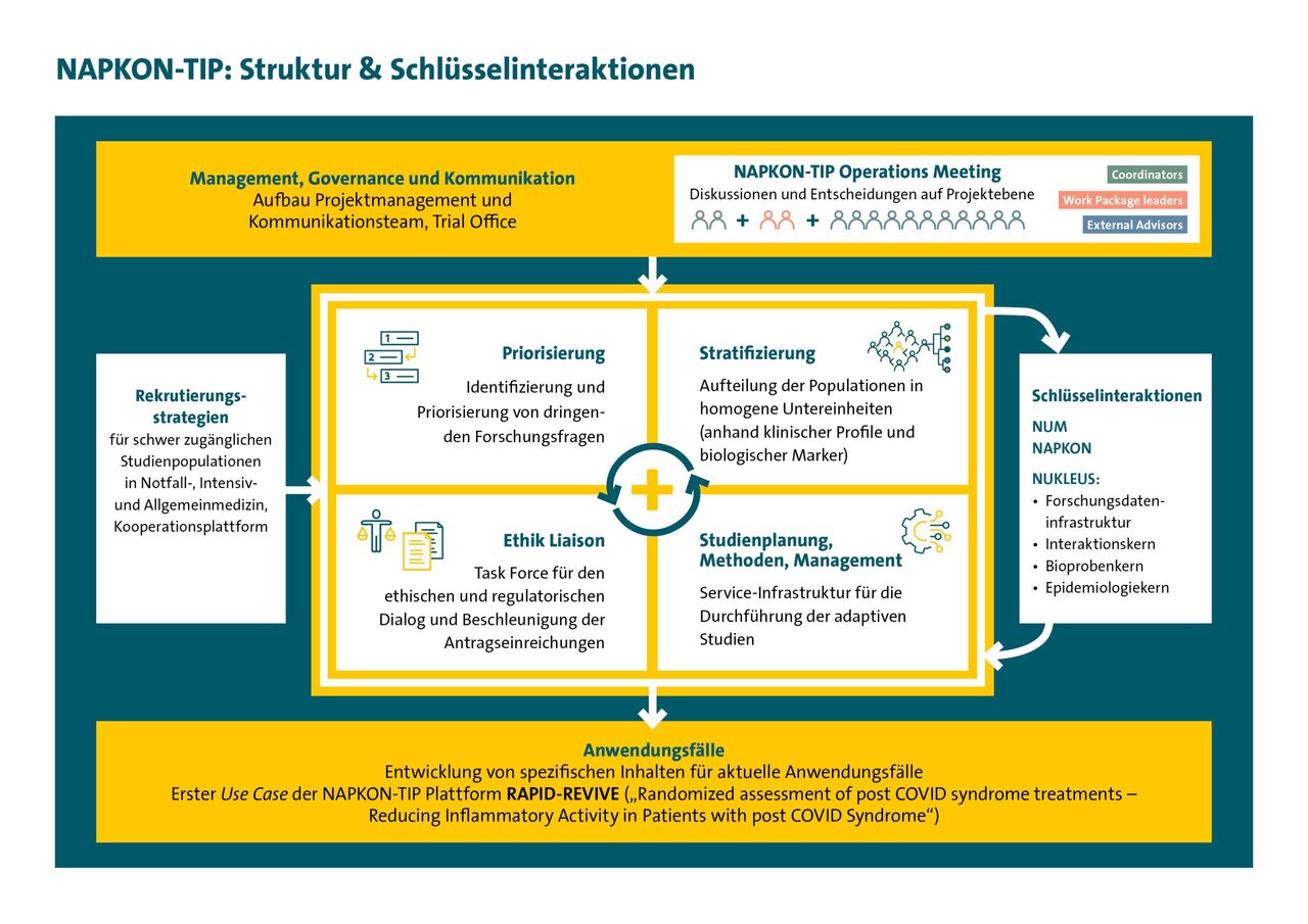 Der NAPKON-TIP zeigt die Struktur und Schlüsselinteraktionen des Projekts. Thematisiert werden Management, Priorisierung, Strategieentwicklung, Ethik, Studienmethoden und Anwendungsfälle im Kontext von COVID-19. Ziel ist die Verbesserung der Patientenversorgung durch Forschung und Diskussion relevanter Themen.