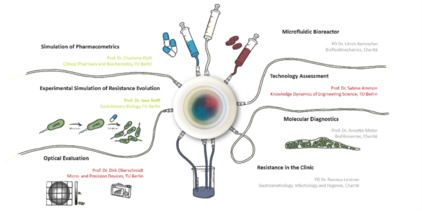 Das Bild zeigt ein zentrales Mikrofluidik-Gerät, von dem mehrere Rohre zu verschiedenen Bereichen führen: Simulation der Pharmakometrie, evolutionäre Resistenzen, optische Auswertung, Technologiebewertung, molekulare Diagnostik und Resistenzen in der Klinik. Es beschreibt verschiedene Forschungsbereiche und beteiligte Wissenschaftler.