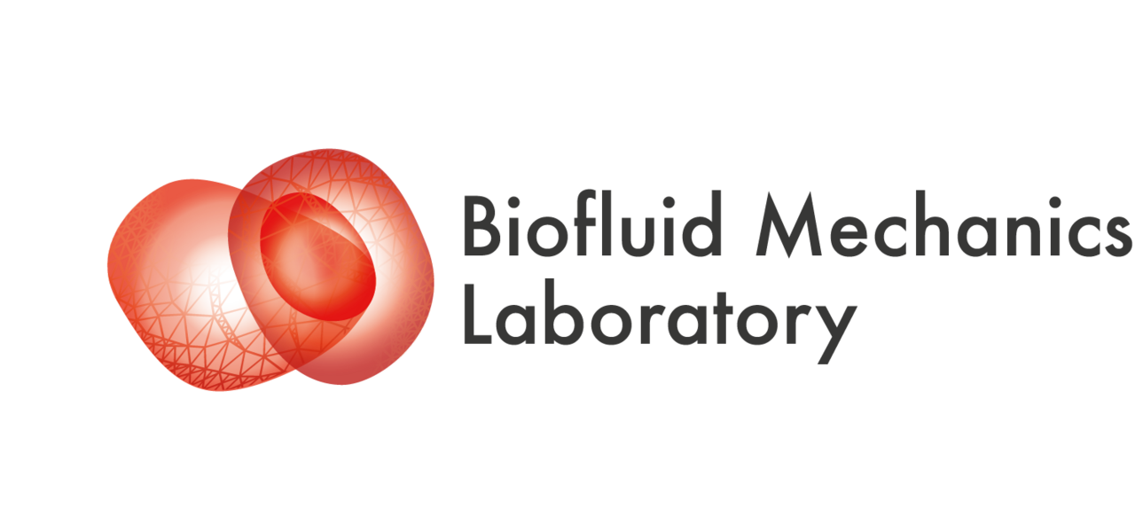 Das Bild zeigt das Logo des Biofluid Mechanics Laboratory. Es besteht aus zwei roten, organischen Formen, die übereinander angeordnet sind, und dem Schriftzug „Biofluid Mechanics Laboratory“ in einer modernen Schriftart. Die Farbgestaltung ist einfach und prägnant.