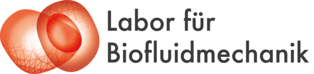 Logo des "Labor für Biofluidmechanik", bestehend aus zwei geometrischen Formen in Rottönen, die an Zellen erinnern. Darunter steht der Name des Labors in einer klaren, modernen Schriftart.