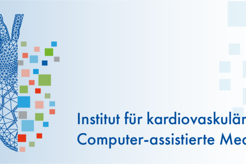 Ein stilisiertes Herzmotiv auf der linken Seite wird von geometrischen, bunten Formen begleitet. Rechts steht der Schriftzug „Institut für kardiovaskuläre Computer-assistierte Medizin“ in bedeutender Schrift. Der Hintergrund ist in sanften Blautönen gehalten.
