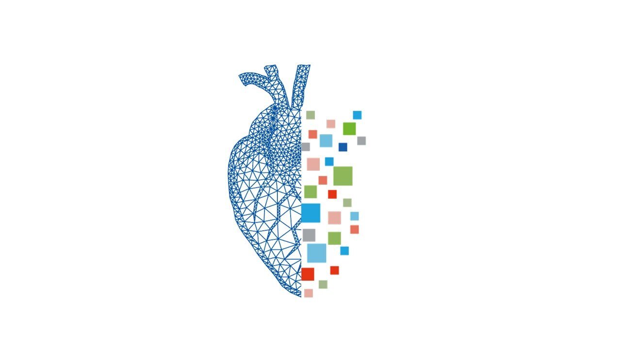 Eine stilisierte Darstellung eines Herzens, das auf der linken Seite aus einem blauen Drahtgitter besteht. Die rechte Seite zeigt bunte, geometrische Formen in verschiedenen Farben, die teilweise aus dem Herzen herausströmen. Diese Komposition symbolisiert vielleicht Innovation oder den Zusammenhang zwischen Wissenschaft und Menschlichkeit.