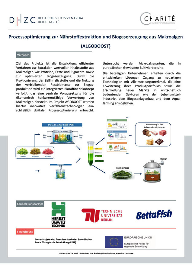 Das Bild zeigt ein Informationsplakat über das Projekt „ALGOBBOOST“, das sich mit der Optimierung der Nährstoffextraktion und Biogasproduktion aus Makroalgen beschäftigt. Es umfasst Diagramme und Grafiken, die den Prozess sowie die beteiligten Institutionen und Partner präsentieren.
