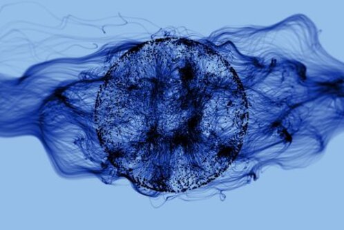 Ein abstraktes Bild in Blau, das eine runde Form in der Mitte zeigt, umgeben von fließenden, wellenartigen Linien und Strukturen. Die Komposition vermittelt eine dynamische, energiegeladene Atmosphäre.