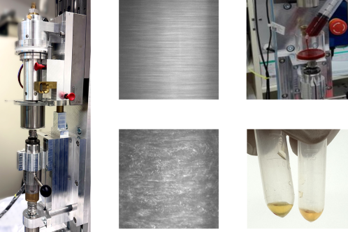 Das Bild zeigt verschiedene Forschungselemente: eine komplexe Apparatur zur chemischen Analyse, metallische Oberflächen, Probenbehälter und Reagenzgläser mit Flüssigkeiten. Diese Komponenten sind typischerweise Teil eines Labors für wissenschaftliche Experimente.