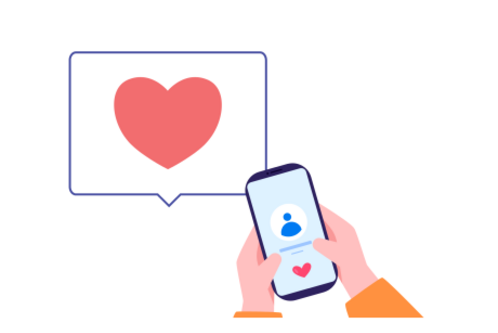 Zwei Hände halten ein Smartphone, das eine Benutzeroberfläche mit einem Herzsymbol zeigt. Im Hintergrund ist eine Sprechblase mit einem roten Herz. Die Darstellung vermittelt ein Gefühl von Kommunikation und Zuneigung über digitale Plattformen.