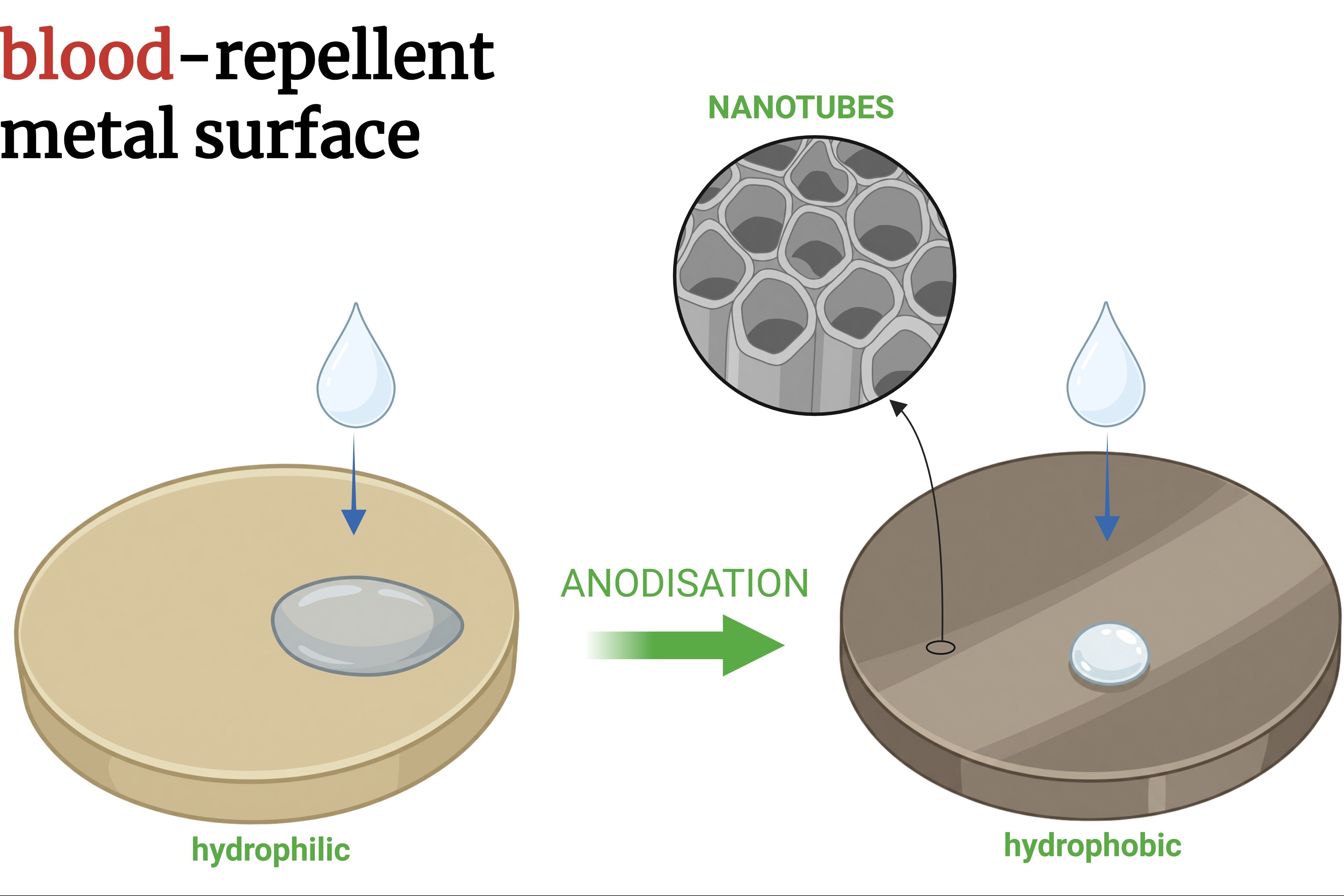 Die Abbildung zeigt einen Vergleich zwischen einer hydrophilen und einer hydrophoben Metalloberfläche. Links befindet sich eine hydrophile Oberfläche mit einem Wassertropfen, während rechts eine hydrophobe Anodisierungsoberfläche dargestellt ist, auf der ein Wassertropfen abgeperlt wird. Oben sind Nanoröhren zu sehen.