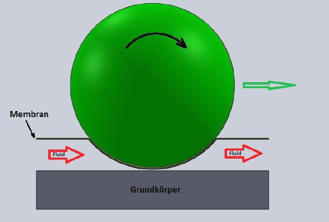 Die Abbildung zeigt eine grüne Kugel, die auf einer grauen Basis platziert ist. Unter der Kugel verläuft eine Membran, durch die Fluid fließt. Pfeile zeigen die Bewegungsrichtung des Fluids an. Die Grafik illustriert ein Prinzip zur Fluidbewegung in Verbindung mit einem Grundkörper.